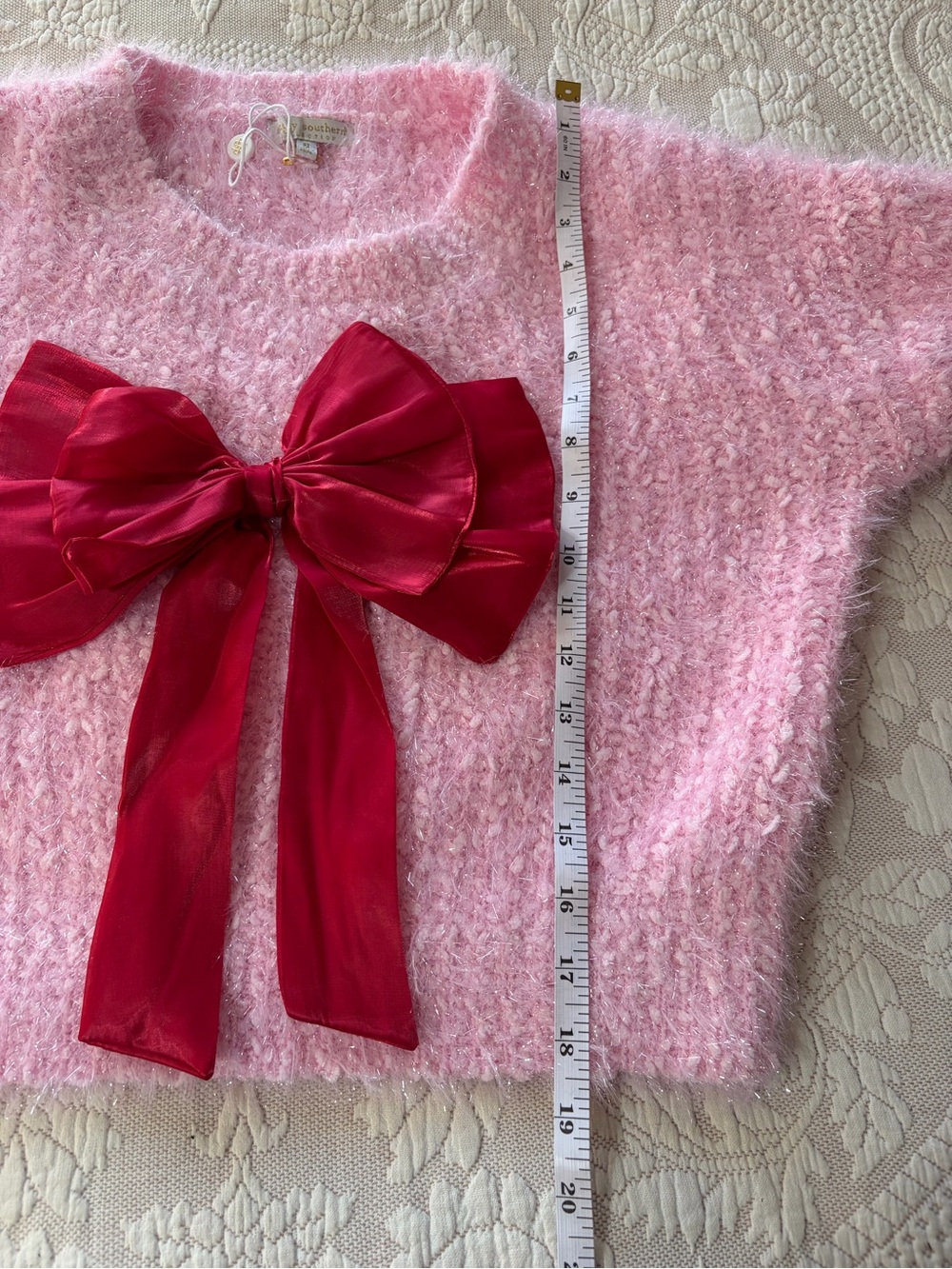 NWT Simply Southern SmallCozy Pink Fuzzy Sweater with Red Bow Accent cropped - Picture 4 of 5